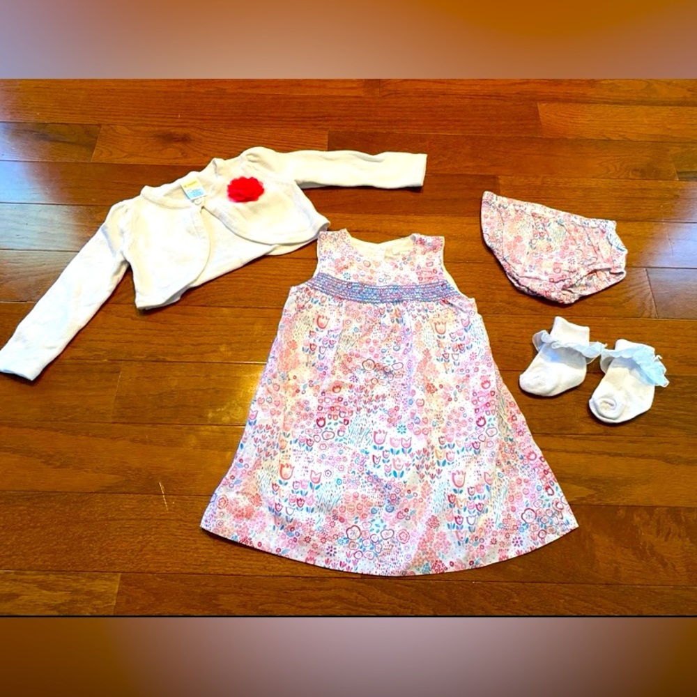 Floral Baby Dress Set with White Cardigan 12-18 Month